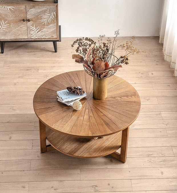 Round Coffee Table, Farmhouse Round Coffee Table for Living Room, Solid Wood Circle Coffee table 2 Tier Round Wooden Rustic Natural Table, 35.3" D x17.8 H